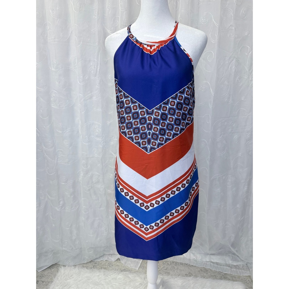 Banana Republic Blue Orange Chevron Halter Shift Dress Geometric Print Sz 4 - Picture 2 of 9